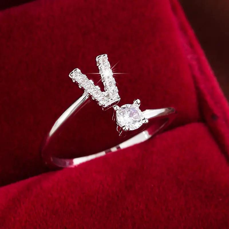 26 English Letter Micro-set Zircon Fashion Women's Ring, Copper-plated 14K Open Plain Ring
