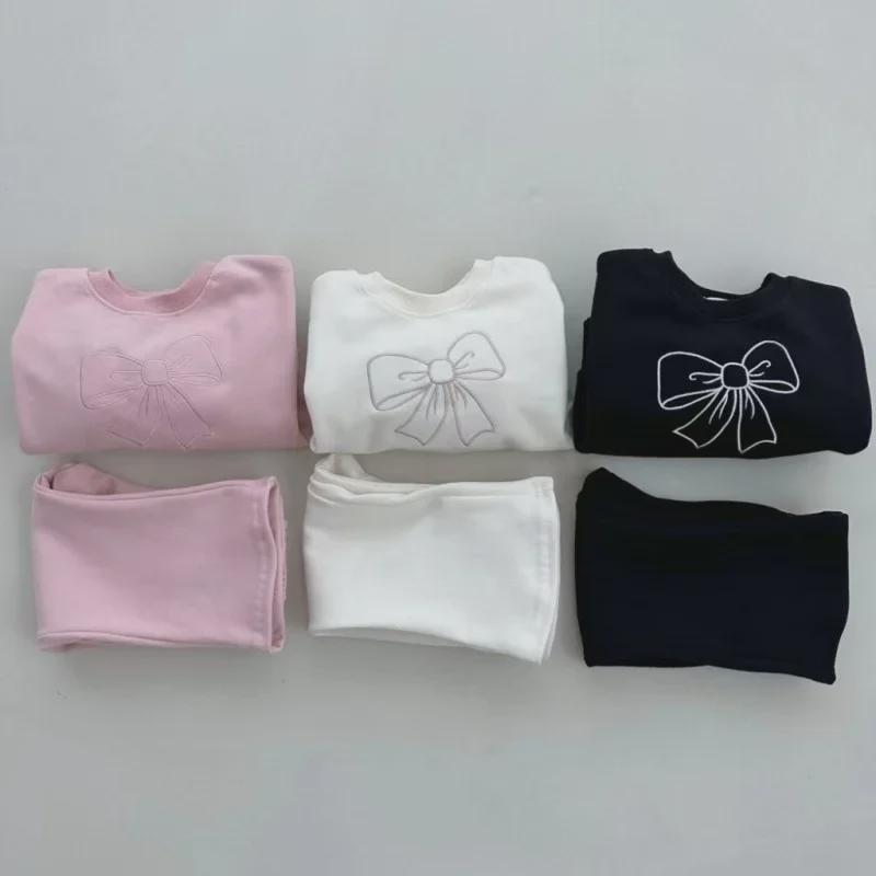 Girls' Cute Bow Two-Piece: Loose Sweater and Slim Flared Pants Set for Spring and Autumn