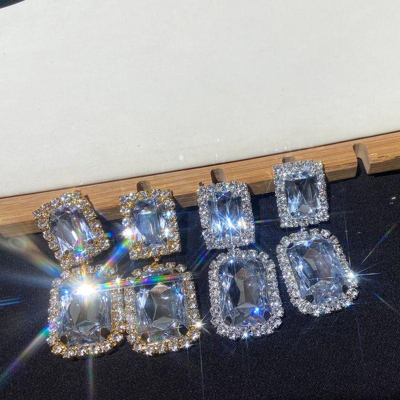 Fashion Style High-Key Dignified Super Flash Rhinestone-Encrusted Earrings Female Minimalist Fashion Rectangular Section Eardrop Necklace Suit