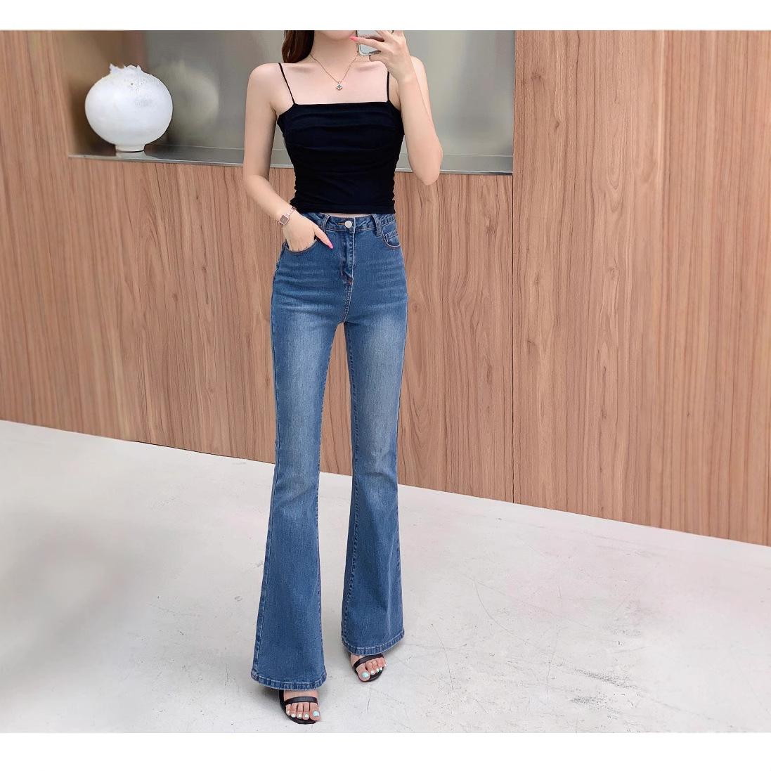 

Women s High Waist Retro Blue Flare Jeans - Slimming Stretch, Extra Long M