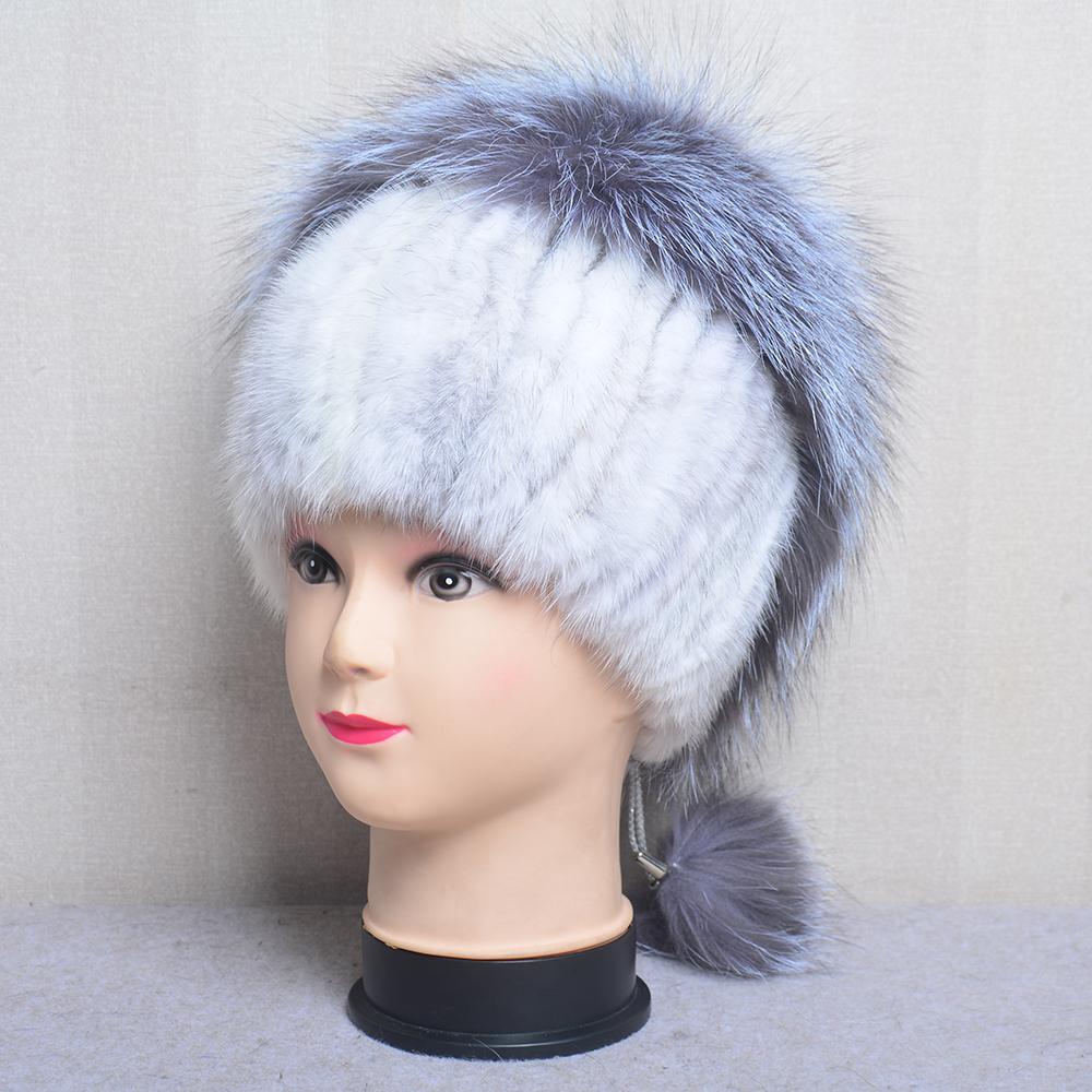 Hot Sale Real Mink Fur Hat For Winter Women Imported Knitted Mink Cap With Fox Fur High Quality Women Warm Real Fur Beanies Hat