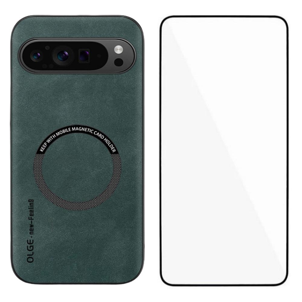 WANLONFENG YBP Series For Google Pixel 9 Pro Magnetic Case with Tempered Glass Film PU Leather+TPU Phone Cover Large Cutout