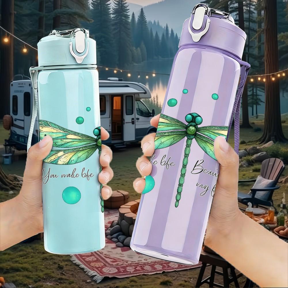 1PC Green Dragonfly Floral 750ml Color Plastic Sports Water Bottle Leakproof Flip Straw Lid Suitable for Sports Office Home Use