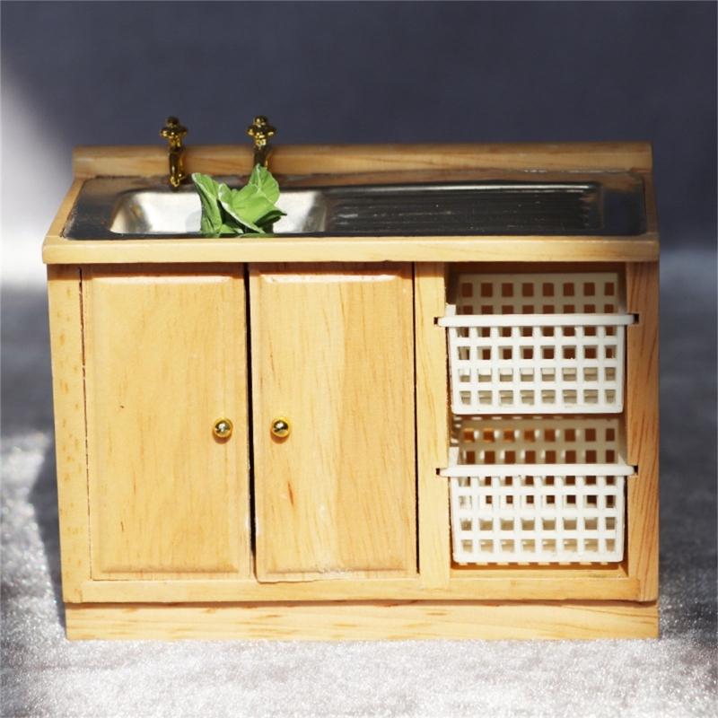 1/12 Scale Miniature Kitchen Sink Cabinet for Toy House Bathroom Decors Vintage Styles Collectible Toy House Models