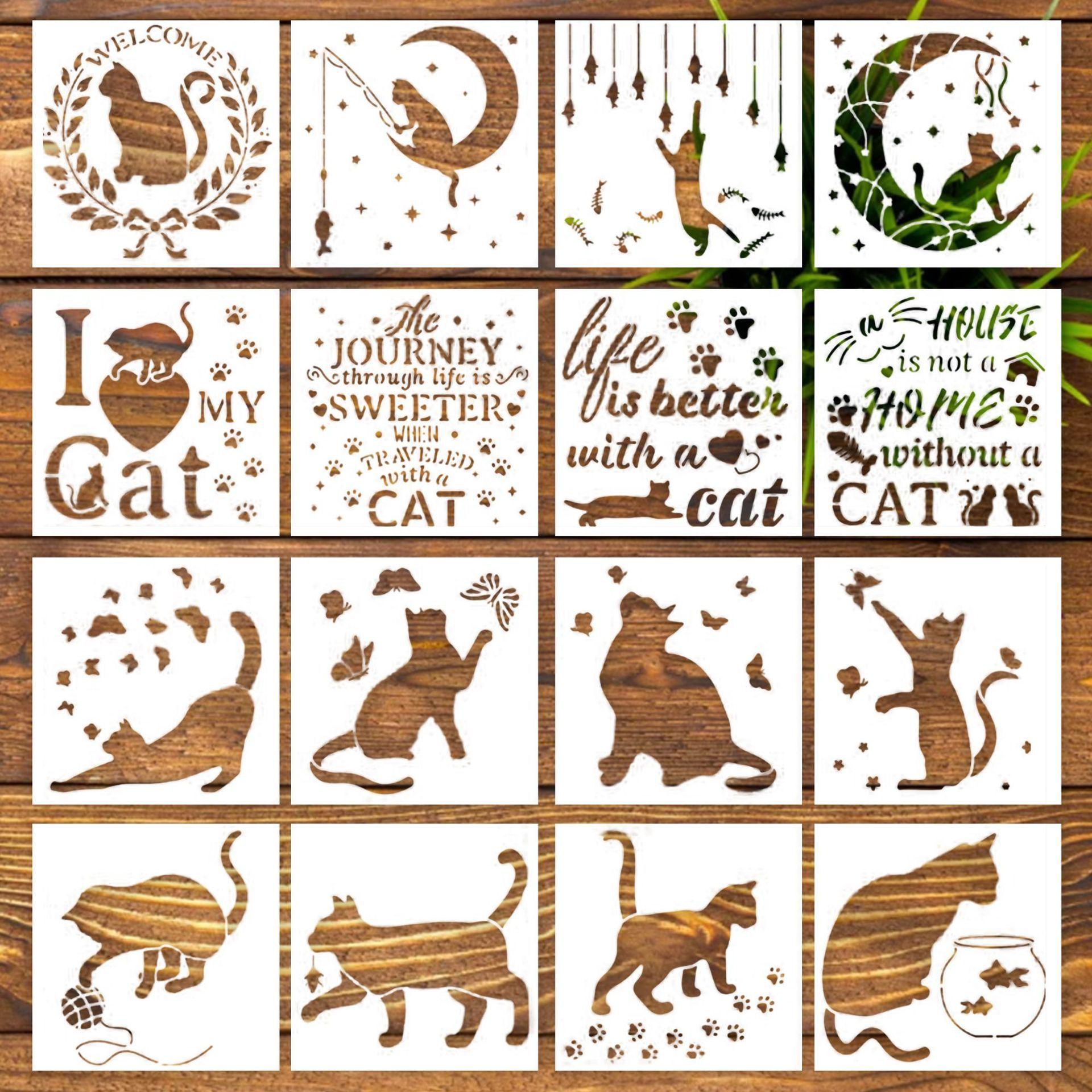 

16pcs Cat Theme Painting Stencil Set - PET Material,Cut-Out DIY Drawing Template for Spray Painting & Handcraft Art Projects
