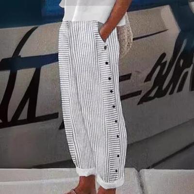 Women Casual Pants Elastic Waist Wide Leg Sweatpants with Pockets Stripe Print Side Button Up Loose Work Trousers