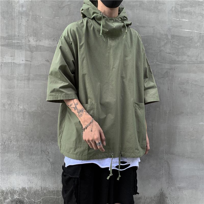 Hooded T Shirt Men Summer Korean Half Sleeve Pullover Top Soft Large Pockets Loose Men T-shirt Streetwear
