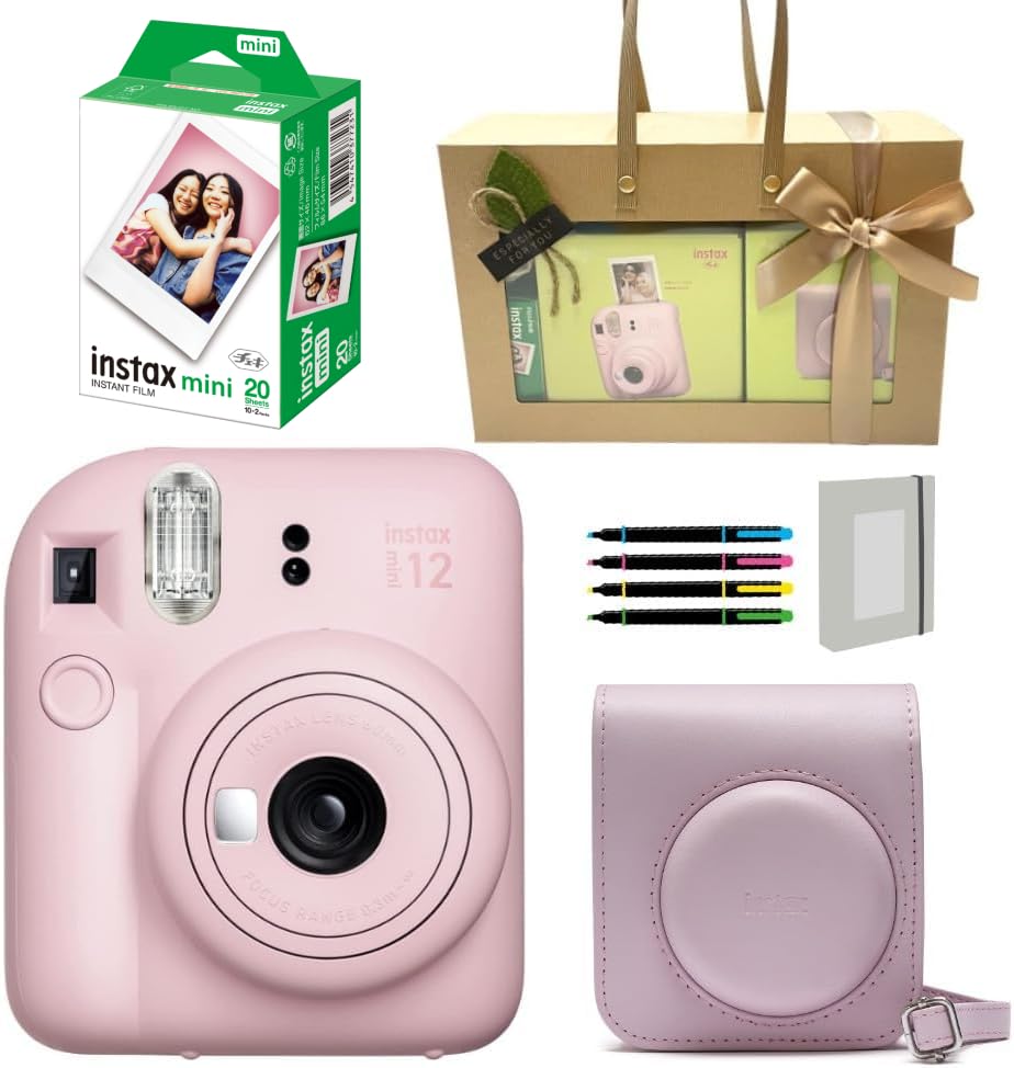 Instax Mini 12 Instant Camera with Gift Wrapping Box, 20 Films, Original Case, Instax Album, and Deco Pen (Pink)