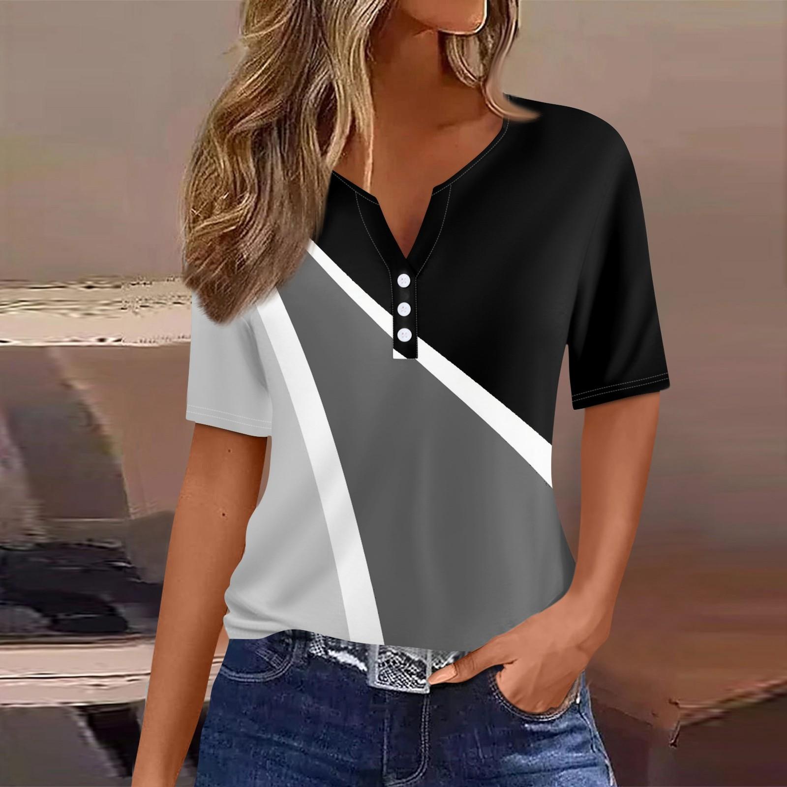 

Женская футболка с принтом на пуговицах, короткий рукав, туника, повседневная, выходного дня, модная, базовая, с V-образным вырезом, стандартный топ XXL чёрный