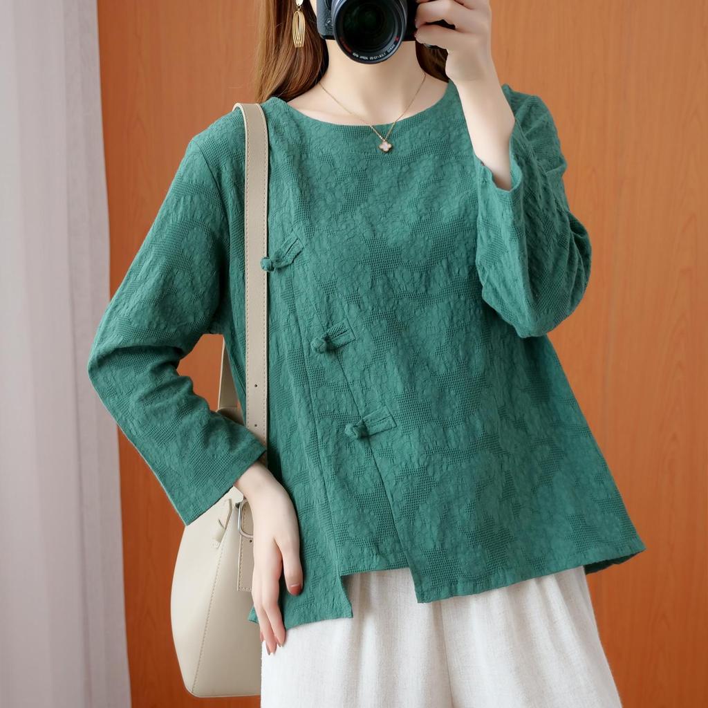 Clothes for Women Chinese Style Vintage Jacquard Elegant Cotton Linen Blouse Ladies O Neck Long Sleeve Loose Irregular Chic Tops