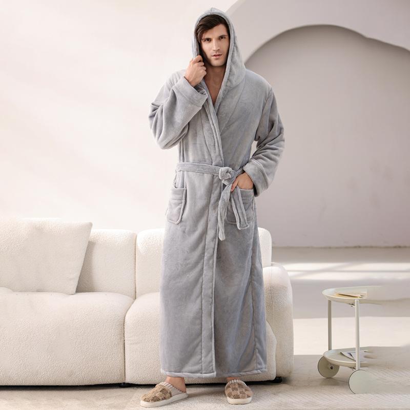Men's Ultra-Long Ankle Velvet Robe Thickened Flannel Hat Bathrobe Coral Fleece Sleepwear Comfortable Casual Home Wear