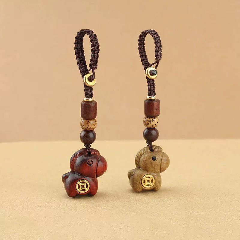 1Pc Car Keychain New Chinese Style Braiding Rope Gift Phone Keychain Creativity Pony Pendant Wood Pendant Coin Decoration