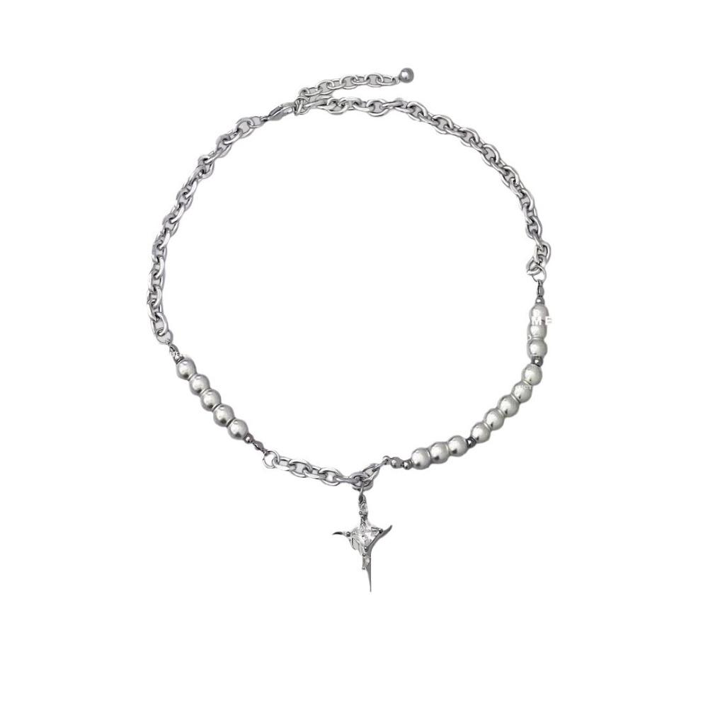Hip-hop Punk Shiny Zircon Starlight Stainless Steel Cross Pendant Imitation Pearl Beaded Splicing Necklace for Women Men Jewelry