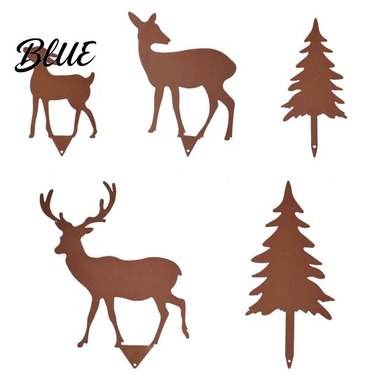Vintage Style Yard Stakes 5Pcs/Set Forest Deers Garden Stakes Rusty Christmas Tree Elk Family Weather Resistant Ornaments Outdoor Metal Art for Lawn