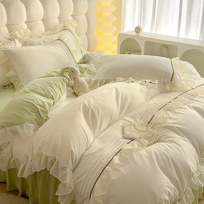 Pleated Lace Bedding Set Four-piece Princess Style Skin-friendly Comfortable Breathable Washed Quilt Cover Bed Sheet Pillowcase