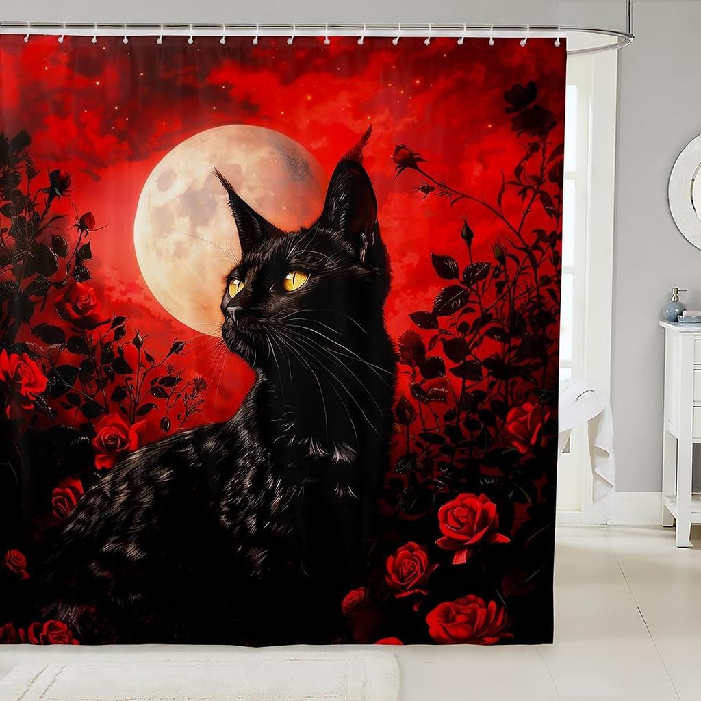 Cheetah Print Shower Curtain, African Leopard Animal Design, Red Floral Black Waterproof Panel With Hooks