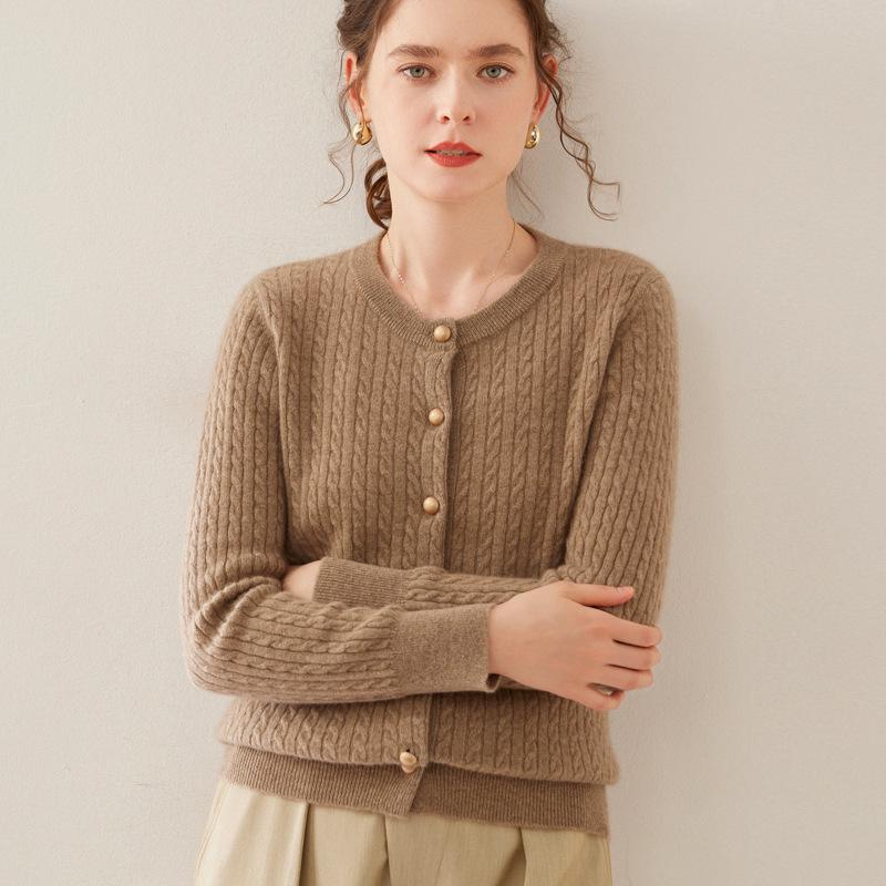 Women's Cashmere Long Sleeve Round Neck Cardigan Sweater - Autumn/Winter Cable Knit Wool Outerwear