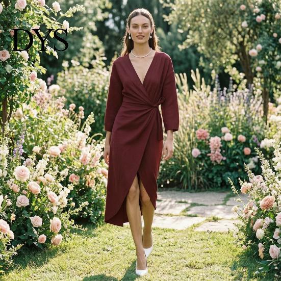 Women Midi Dresses Summer Deep V-Neck Dress, Ruffle Slim Waist Long Comfortable Dress Sleeves Solid Color Wrap for Daily Wear Party Breathable