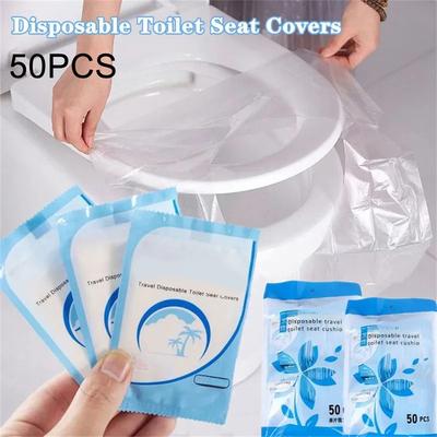 50Pcs Disposable Plastic Toilet Seat Cover Waterproof and Non Slip Individually Wrapped, for Travel, Toilet Seat Protectors
