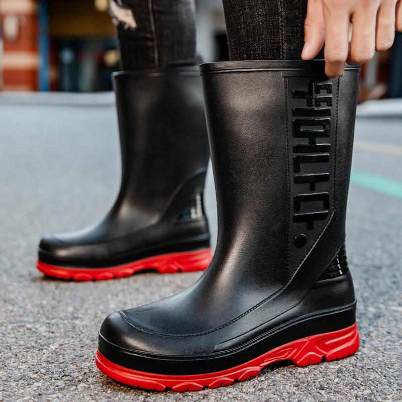 Men's Rain Shoes Waterproof Boots Comfortable Mid Calf Boots Rainproof Work Water Shoes Non-Slip Drawstring Rubber Boots