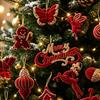Red Flocked Velvet Christmas Tree Ornament Glitter Trim Xmas Pendant Tree Hanger  Festival Layout