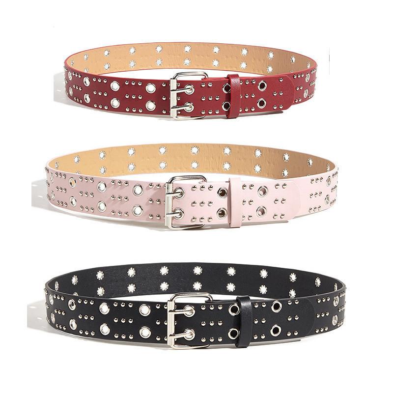 Stylish Metal Waist Belt With Double Buckle And Grommet Detailing For Korean Style Denim Pants Available For Wholesale