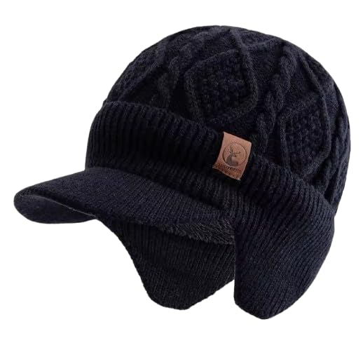 [sproutsy] Knit Cap with Ear Flaps, Cable Knit, with Visor, Gray, Warm Knit Cap with Ears (JP, Number Size, 58.0 cm, Black)