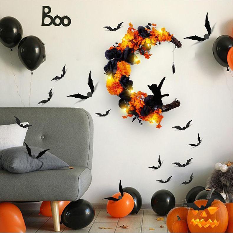 Orange Black Moon Cat Wreath Halloween Wreath Door Hanging Outdoor Courtyard Decoration Wreath Door Hanging Wholesale Atmosphere