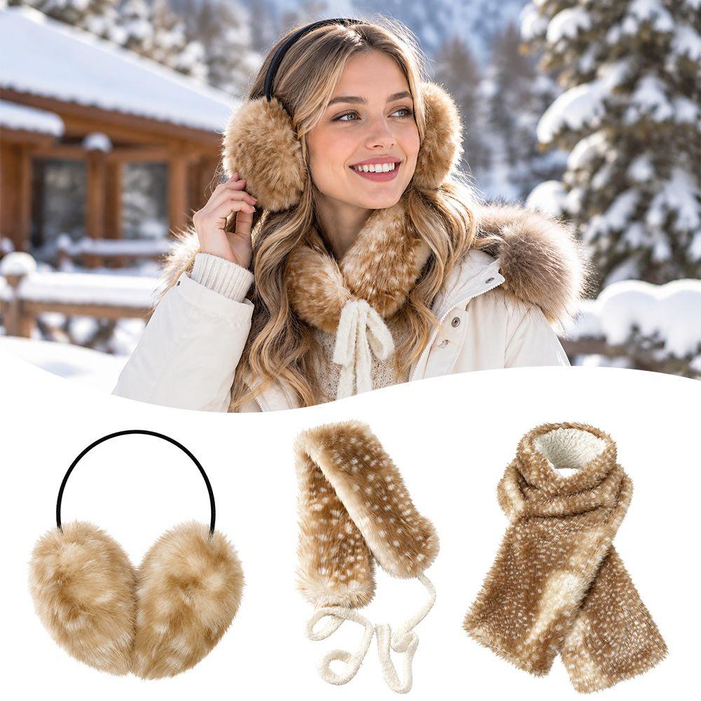 Deer Print Faux Fur Scarf Adjustable Ear Muffs New Plush Neck Warmer Winter
