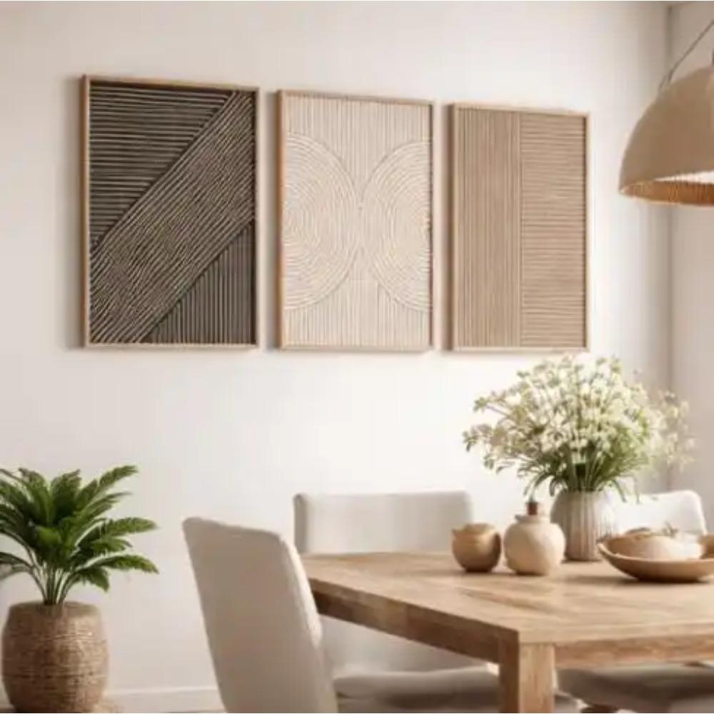 Set di 3 Triptico Minimalista Beige Nero per Parete, Stampe Astratte Geometriche Neutre Boho Japandi Decorazione Murale Moderna Poster su Tela