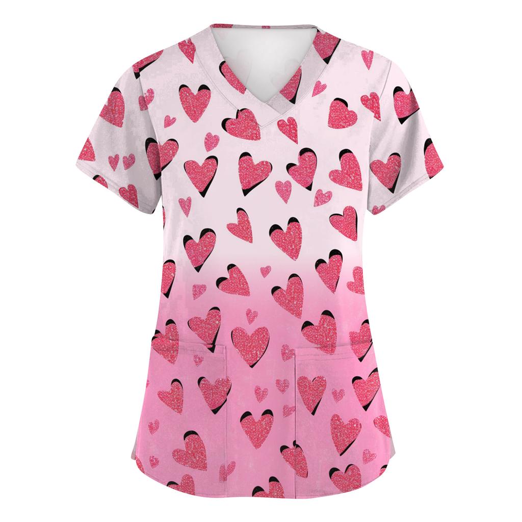 Women's Fashion Short-Sleeve Valentine's Day Print V-Neck Pocket Workwear Top