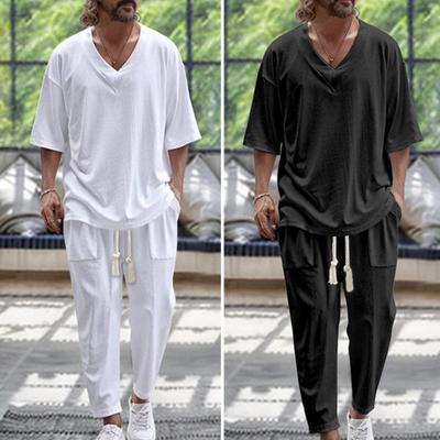 2Pcs/Set Men Summer Outfit V-Neck Short Sleeve T-shirt Elastic Waist Adjustable Drawstring