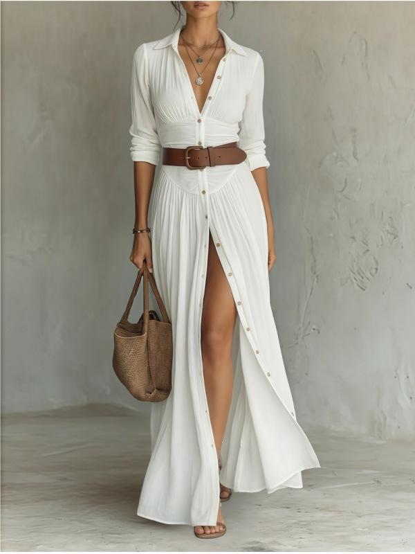 European and American style V-neck thin shirt skirt holiday style long split dress belt design sense