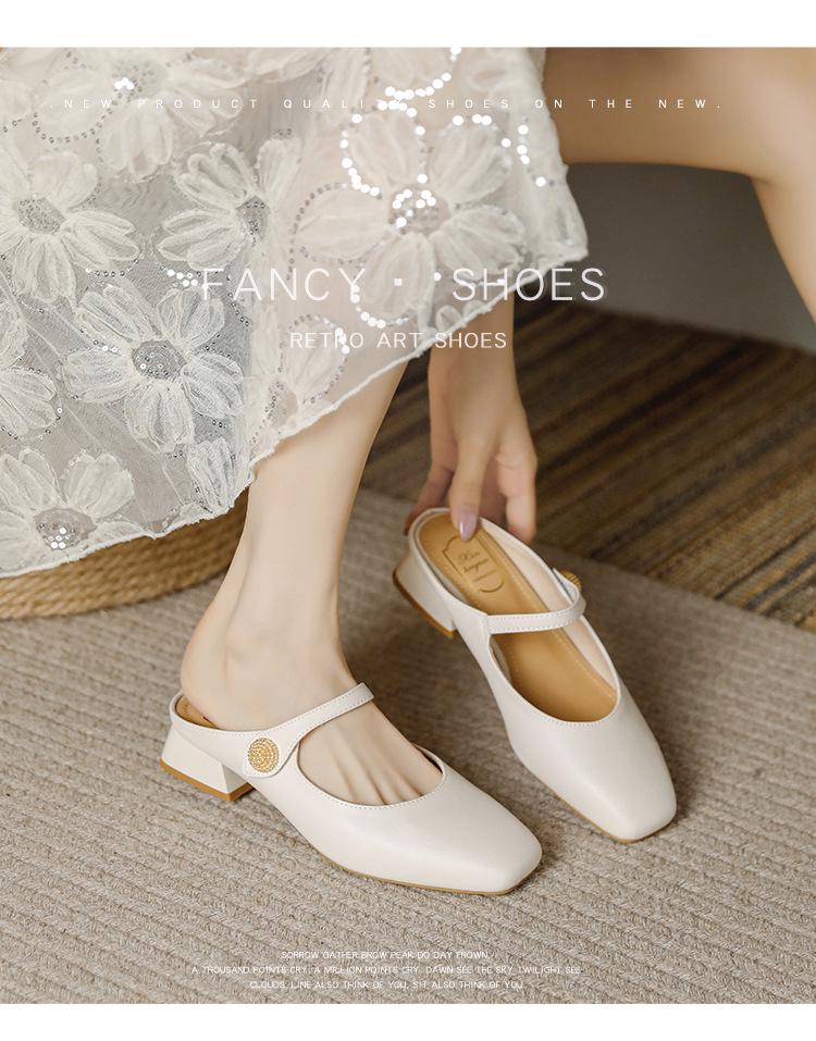 Genuine Leather Women's Chunky Heel Pointed Toe Slippers - Versatile French Style for Spring/Summer