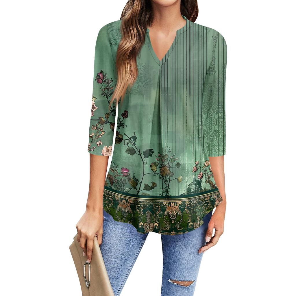 Women's Fashion Casual Three-Quarter Sleeve T-Shirt Printed V-Neck Top