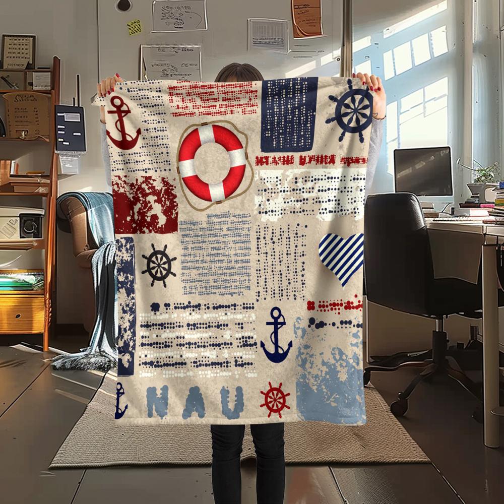 1Pc Nautical Theme Print Flannel Blanket, High quality Comfortable for All Seasons, Home Decor, Warmth and Comfort, Perfect for Christmas Gifts