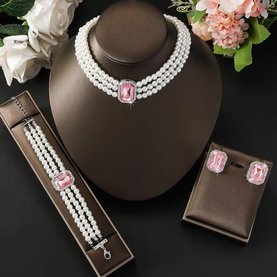 Luxurious Imitation Pearl Crystal Choker Necklace Set for Women Fashion Bracelet Earrings Jewelry Set for Wedding Bridal Sets