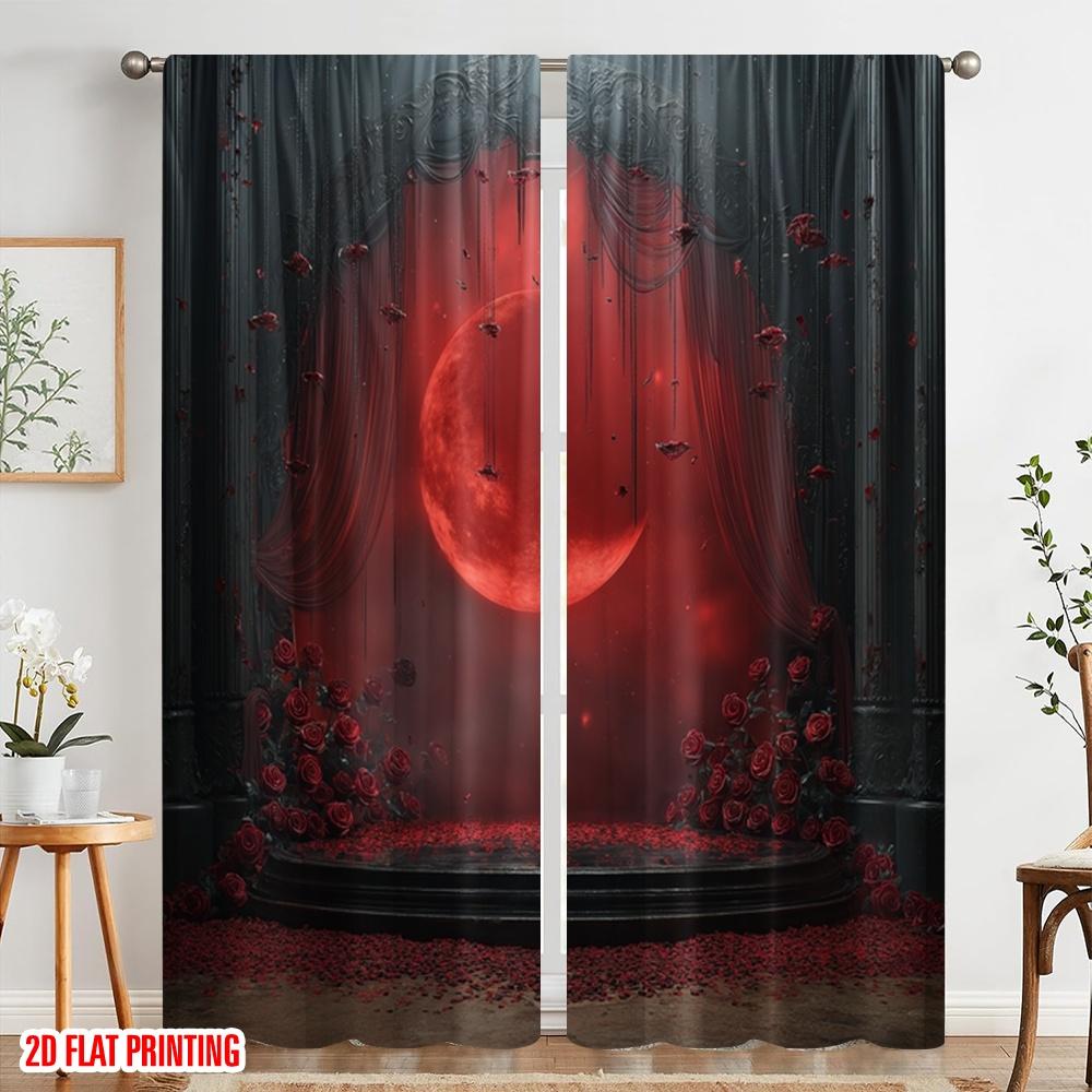 2pcs,2D Plane Printing Curtains&Window Treatment Gothic Style Crescent Black Rose Silver Ring Durable 100% Polyester Fabric