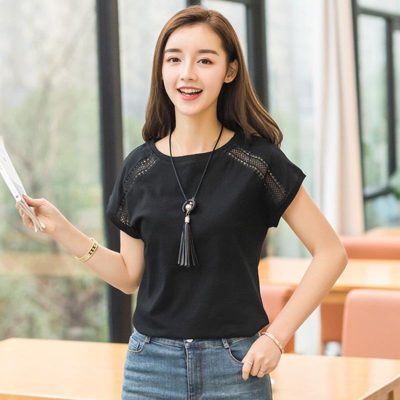 QICED Summer Fashion Hollow Lace Round Neck Bat Sleeve Short Sleeve T-shirt Women