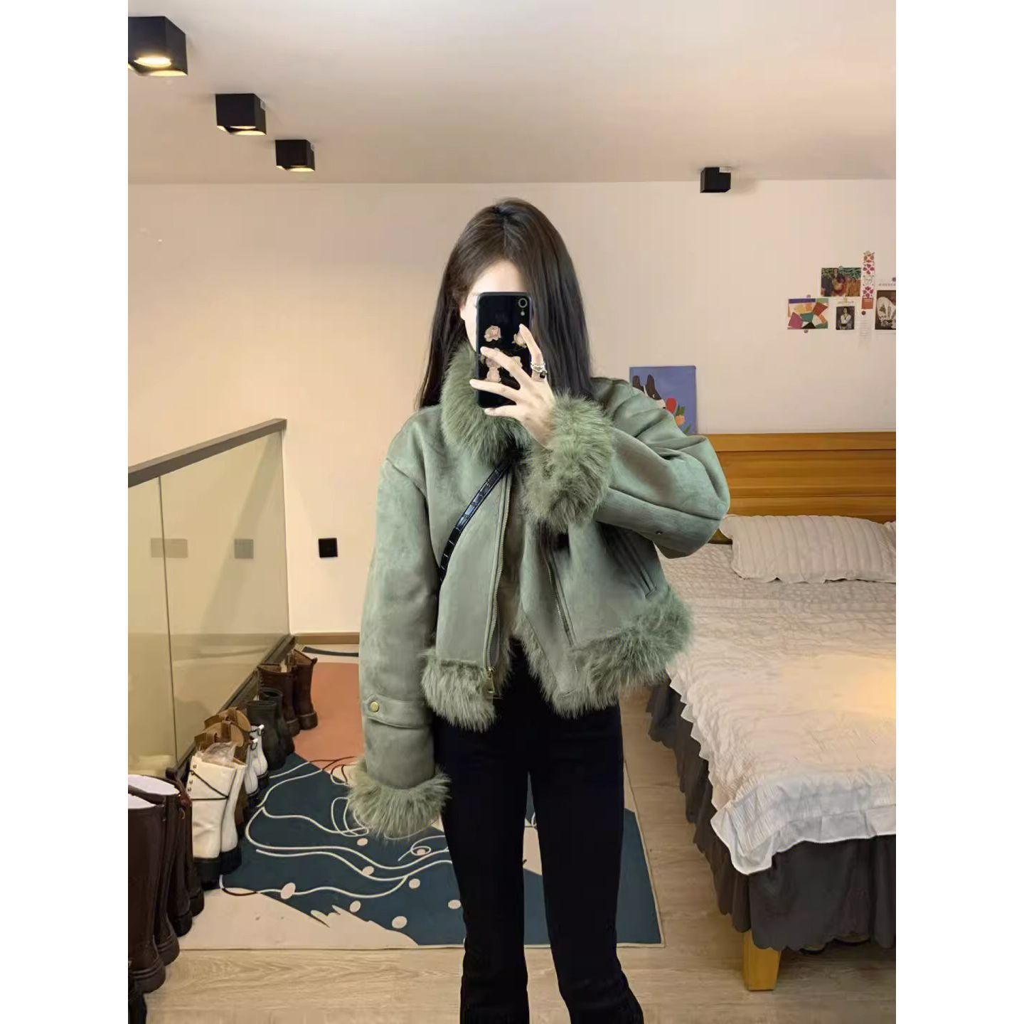 

Винтажная куртка с интегрированным мехом, имитация замши, короткая куртка-локомотив, женская зимняя тонкая меховая куртка, топ, зима XL [Recommended 135-75kg] зелёный