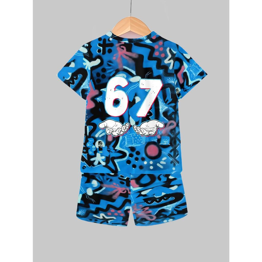 Boys' Shorts Set: Trendy Graffiti Style Two-Piece Set - Printed T-Shirt and Shorts, Hip-Hop Personality Style, Comfortable Summer Kids' Outfit