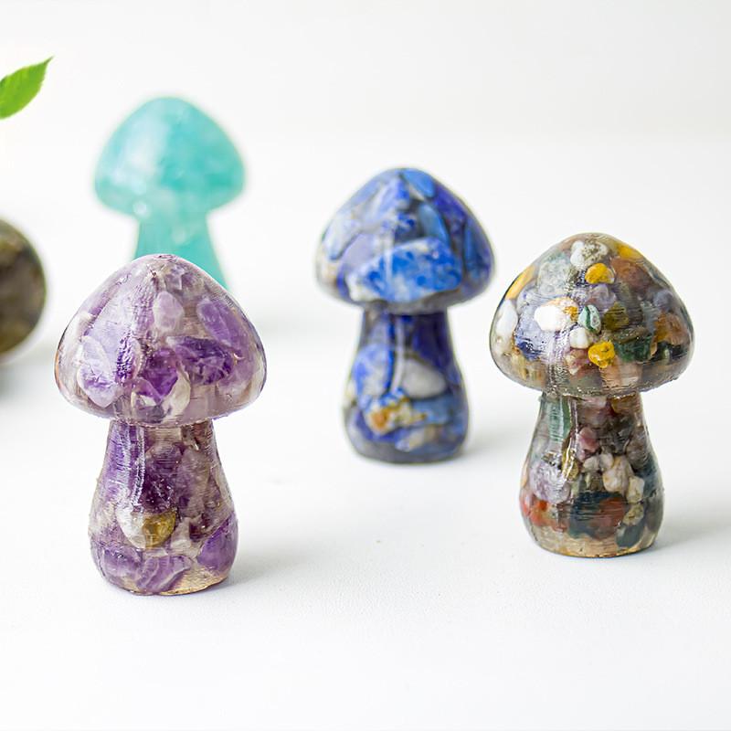 Resin Crystal Mushroom Sculpture With Semiprecious Stones For Office Desk Ornament