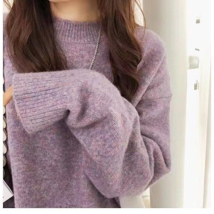 

Фиолетовый и белый свитер толстой вязки с круглым вырезом - новый свободный свитер в стиле ленивой моды на осень/зиму, мягкая и уютная внутренняя одежда One Size фиолетовый