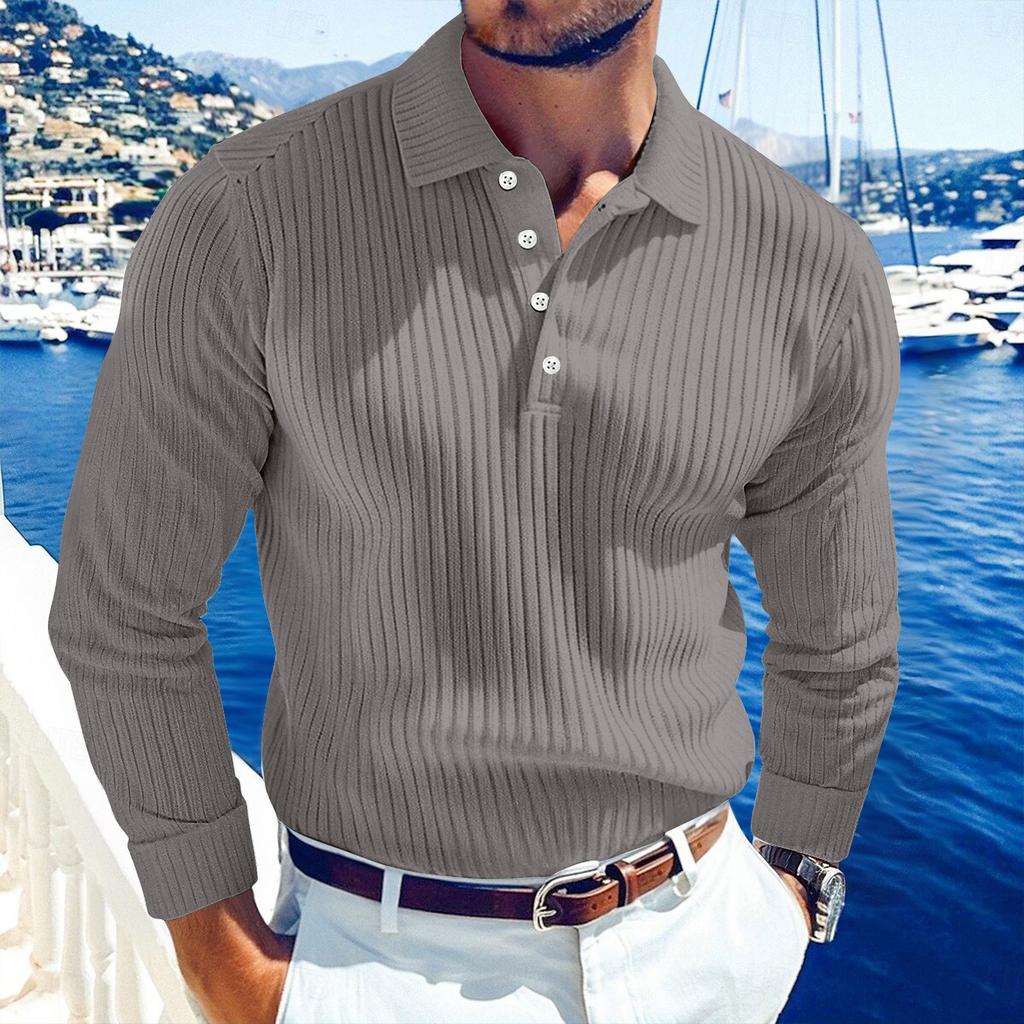 Men's Solid Color Vertical Stripes Sports Button Lapel Long Sleeve Tops Men's Casual Fashion Long Sleeve Tops