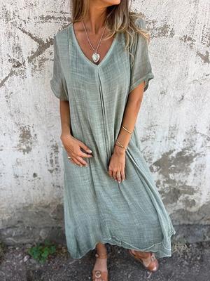 Lockeres kurzärmeliges V-Ausschnitt einfarbiges Baumwoll-Leinen-Kleid Lässiges bequemes Sommerkleid für Damen