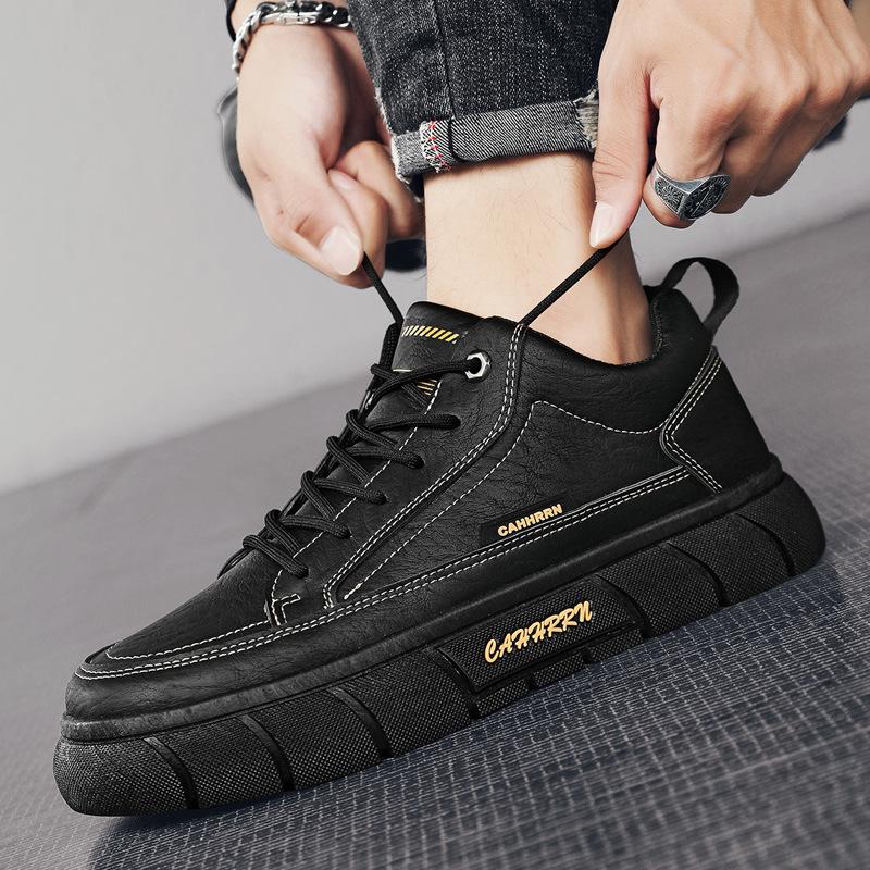 Men's Low Top Casual Sneakers British Style Soft PU Leather Waterproof Anti-Slip Comfortable Soft Sole Work Shoes Black Tactical