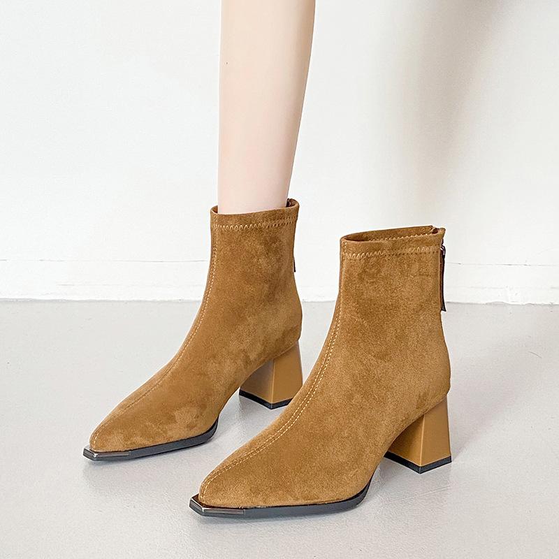 French retro suede short boots women's autumn and winter new thick heel thin Martin boots versatile high heel 