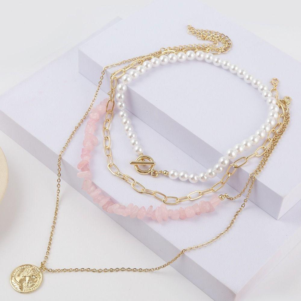 Metal Pendant Pearl Beaded Necklace Elegant Multilayer Necklaces Colored Stone Necklace  Women
