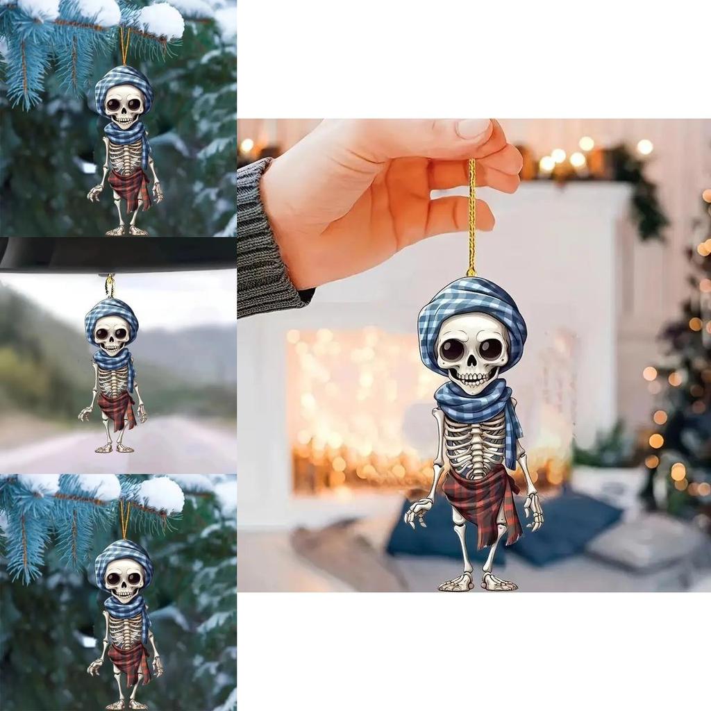 Acrylic Skull Car Pendant With Checkered Scarf Design For Halloween Decor