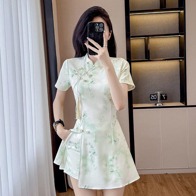 2026 Chinese Style Qipao Two-Piece: Short Sleeve Top & Shorts Set